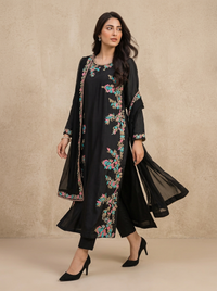 Noir Bloom Multi-Resham Embroidered Sheesha Silk Suit