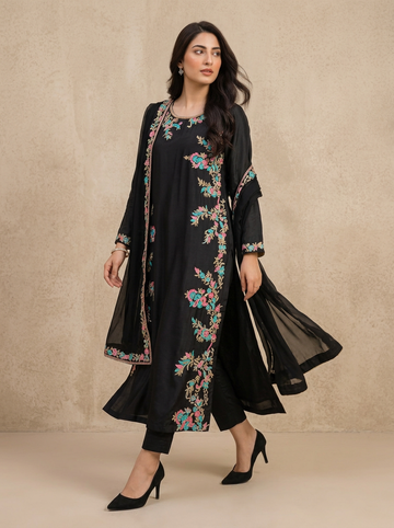 Noir Bloom Multi-Resham Embroidered Sheesha Silk Suit