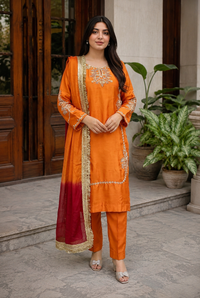 Saffron Flame Gold Embroidered Mirror Silk Suit