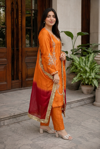 Saffron Flame Gold Embroidered Mirror Silk Suit