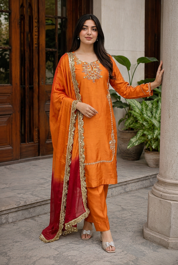 Saffron Flame Gold Embroidered Mirror Silk Suit