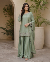 Olive Radiance Heavy Silver Embroidered Silk Sharara Suit