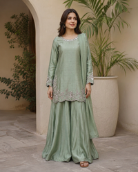 Olive Radiance Heavy Silver Embroidered Silk Sharara Suit