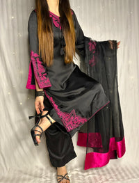 Elegant Black & Magenta Silk 3-Piece Formal Suit with Machine Embroidery