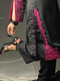 Elegant Black & Magenta Silk 3-Piece Formal Suit with Machine Embroidery