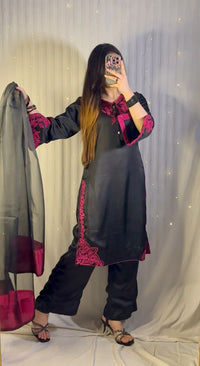 Elegant Black & Magenta Silk 3-Piece Formal Suit with Machine Embroidery