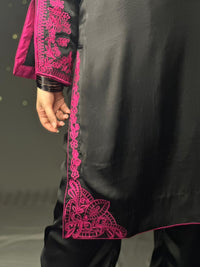 Elegant Black & Magenta Silk 3-Piece Formal Suit with Machine Embroidery