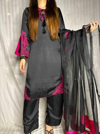 Elegant Black & Magenta Silk 3-Piece Formal Suit with Machine Embroidery