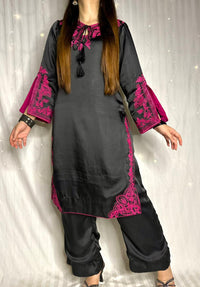 Elegant Black & Magenta Silk 3-Piece Formal Suit with Machine Embroidery