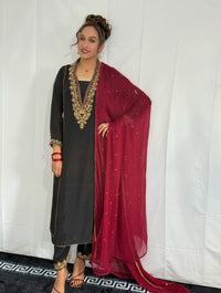 Black & Maroon Embroidered Silk 3-Piece Formal Wear