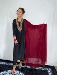 Black & Maroon Embroidered Silk 3-Piece Formal Wear
