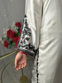 Elegant White Silk 3-Piece Suit with Black Embroidery & Red Dupatta