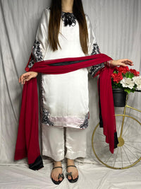 Elegant White Silk 3-Piece Suit with Black Embroidery & Red Dupatta