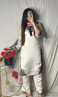Elegant White Silk 3-Piece Suit with Black Embroidery & Red Dupatta