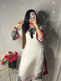 Elegant White Silk 3-Piece Suit with Black Embroidery & Red Dupatta