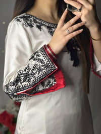 Elegant White Silk 3-Piece Suit with Black Embroidery & Red Dupatta