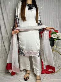 Elegant White Silk 3-Piece Suit with Black Embroidery & Red Dupatta