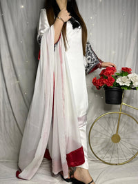 Elegant White Silk 3-Piece Suit with Black Embroidery & Red Dupatta
