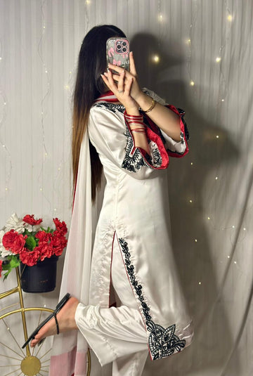 Elegant White Silk 3-Piece Suit with Black Embroidery & Red Dupatta