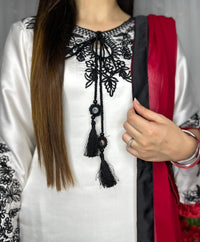 Elegant White Silk 3-Piece Suit with Black Embroidery & Red Dupatta