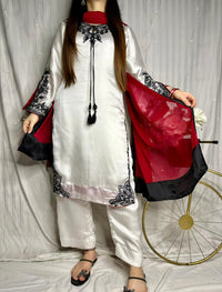 Elegant White Silk 3-Piece Suit with Black Embroidery & Red Dupatta
