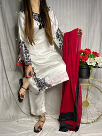 Elegant White Silk 3-Piece Suit with Black Embroidery & Red Dupatta