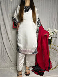 Elegant White Silk 3-Piece Suit with Black Embroidery & Red Dupatta