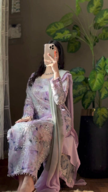 Shisha Silk Embroidered & Sequin Work 3-Piece Suit – Pastel Lilac