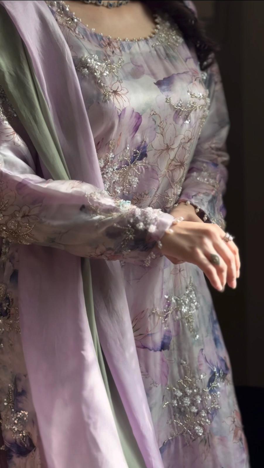 Shisha Silk Embroidered & Sequin Work 3-Piece Suit – Pastel Lilac