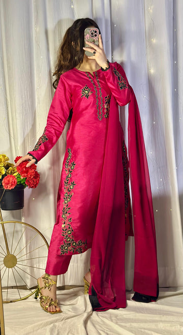 Hot Pink Embroidered Raw Silk 3-Piece Suit