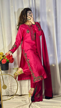 Hot Pink Embroidered Raw Silk 3-Piece Suit