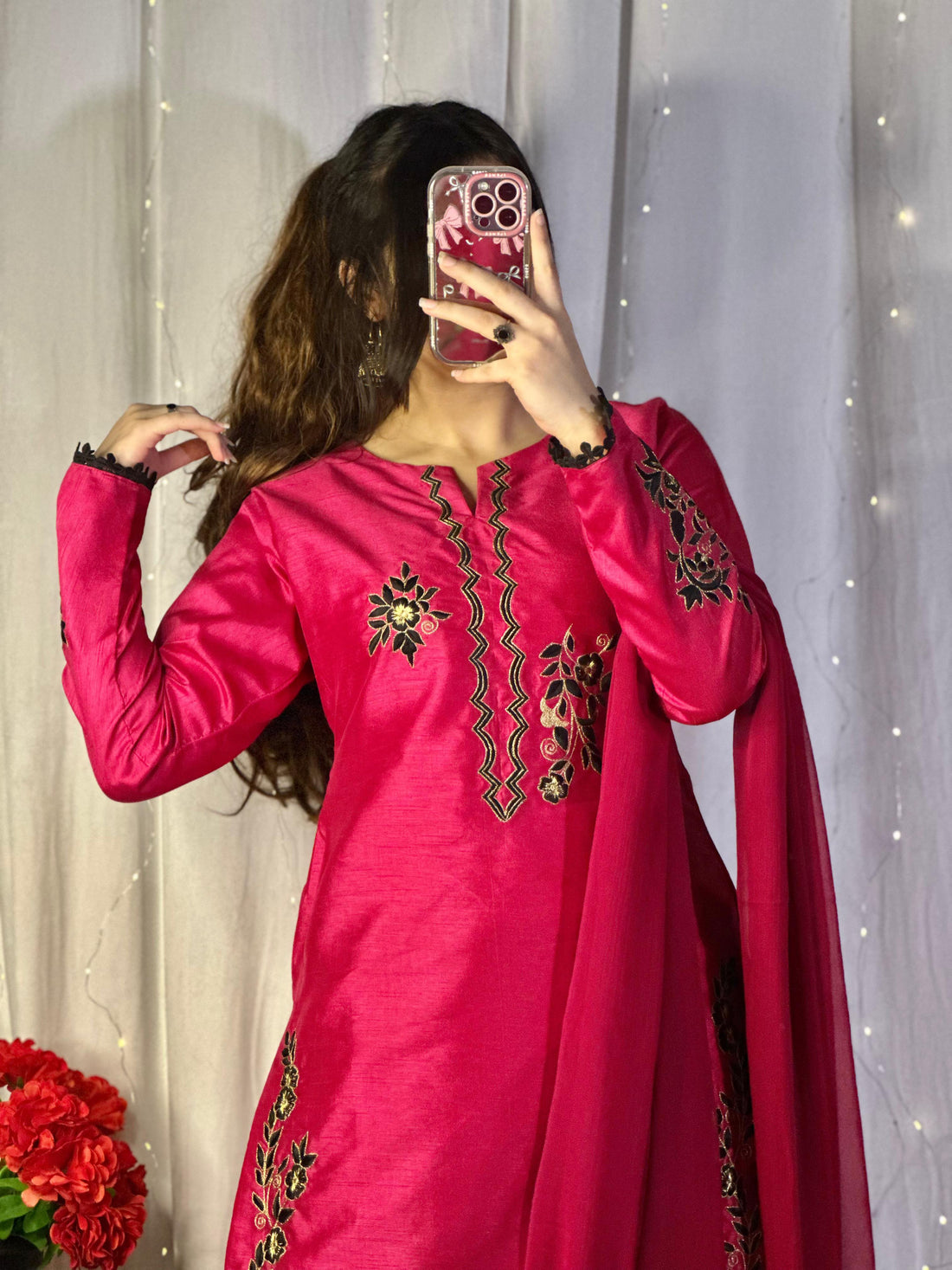 Hot Pink Embroidered Raw Silk 3-Piece Suit