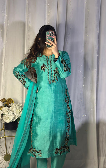 Teal Blue Embroidered Raw Silk 3-Piece Suit