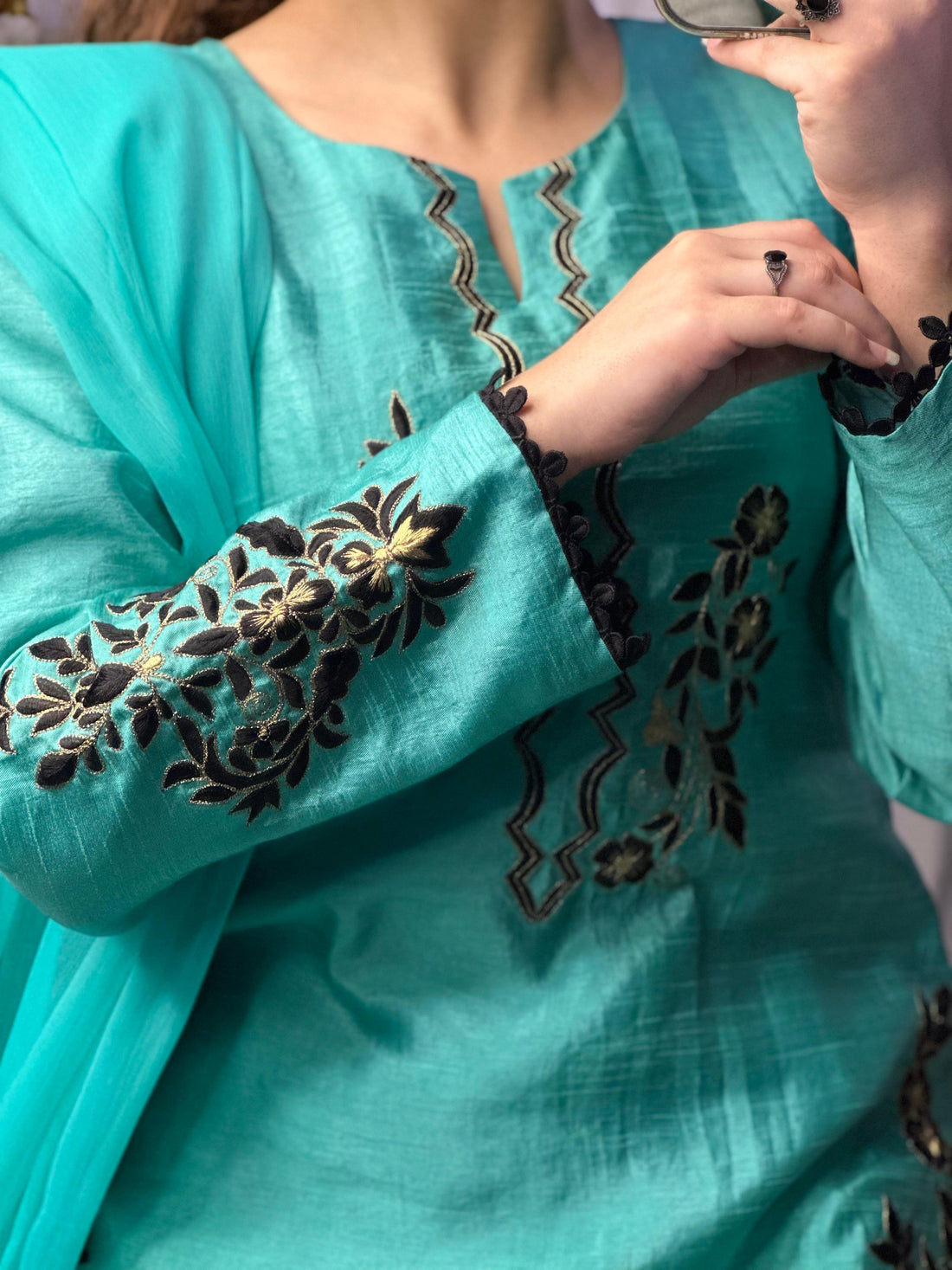 Teal Blue Embroidered Raw Silk 3-Piece Suit