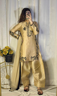 Golden Embroidered Raw Silk Suit with Farshi Shalwar