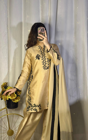Golden Embroidered Raw Silk Suit with Farshi Shalwar