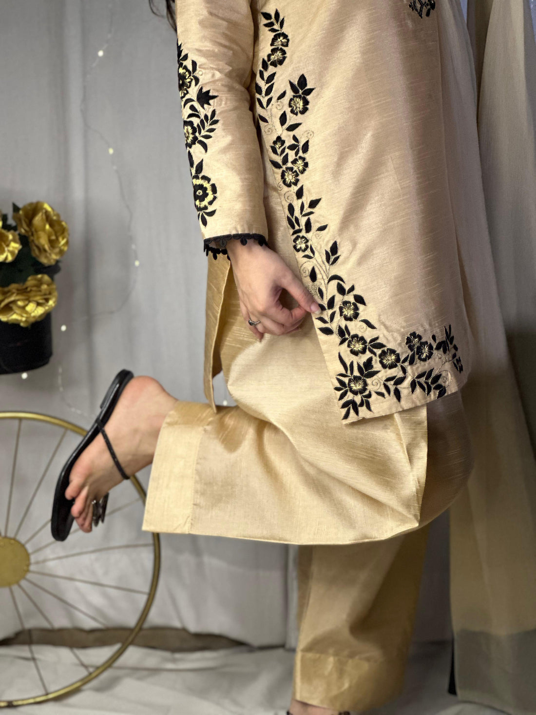 Golden Embroidered Raw Silk Suit with Farshi Shalwar
