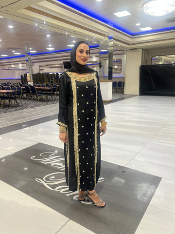 Luxury Black Mirror Silk Dress with Hand Embroidery – Medium Size | Pre-Booking Available