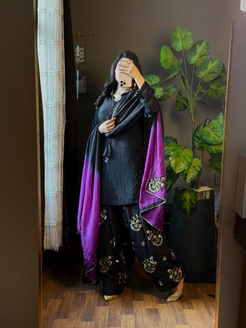 Black & Purple Embroidered Raw Silk Farshi Suit