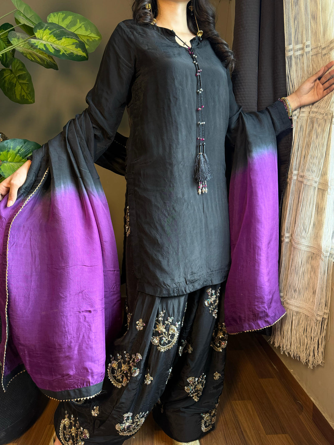 Black & Purple Embroidered Raw Silk Farshi Suit