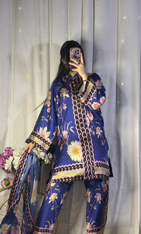 Vibrant Royal Blue Floral Print Silk 3-Piece Cord Set