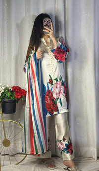 Elegant White Silk 3-Piece Cord Set with Bold Floral Print