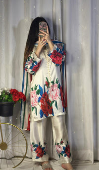 Elegant White Silk 3-Piece Cord Set with Bold Floral Print