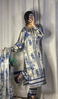 Chic Blue & White Geometric Print Silk 3-Piece Cord Set