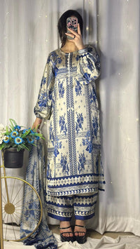 Chic Blue & White Geometric Print Silk 3-Piece Cord Set