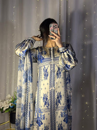 Chic Blue & White Geometric Print Silk 3-Piece Cord Set