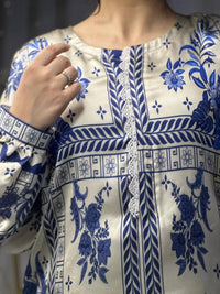 Chic Blue & White Geometric Print Silk 3-Piece Cord Set