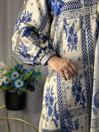 Chic Blue & White Geometric Print Silk 3-Piece Cord Set