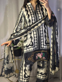 Chic Black & White Digital Print Silk 3-Piece Cord Set