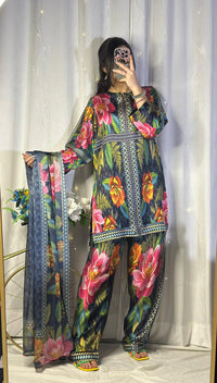 Striking Dark Base Floral Print Silk 3-Piece Cord Set